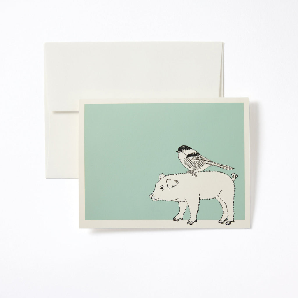 Carte de notes Cochon et oiseau céladon