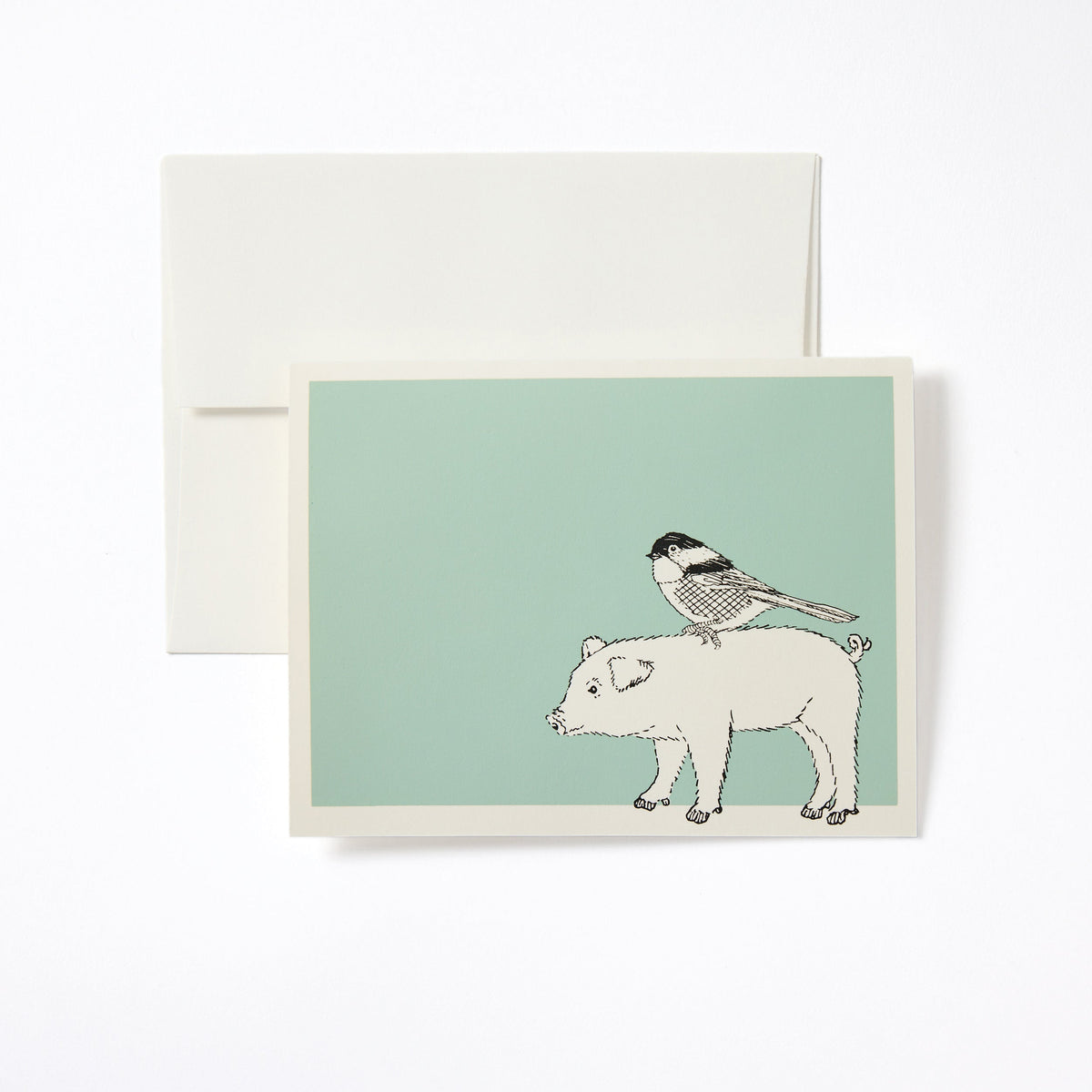 Carte de notes Cochon et oiseau céladon