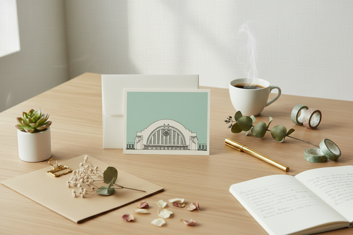 Celadon Union Terminal Notecard - Full Lifestyle Scene
